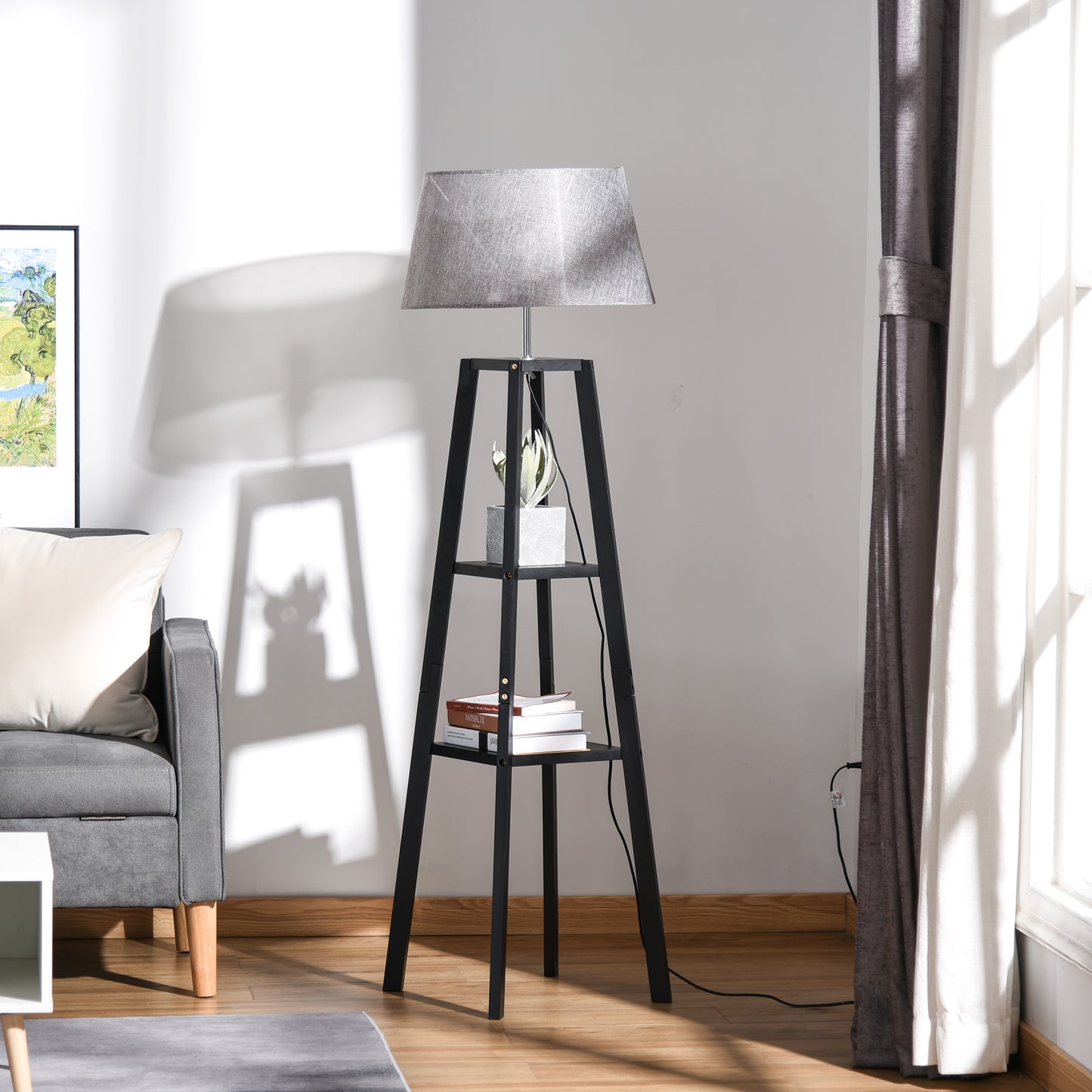 HOMCOM Modern Design Floor Lamp with Three Shelves and Linen Shade